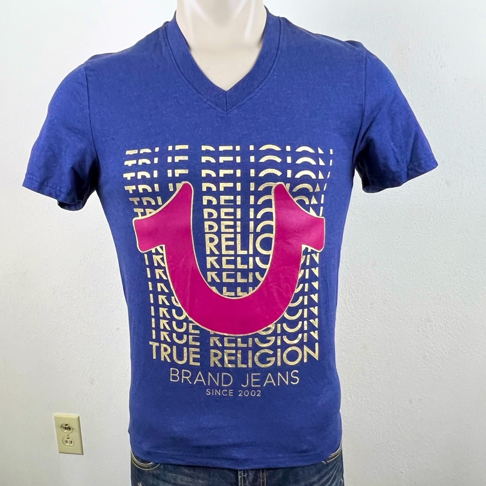 Mens True Religion Blue V- Neck T-shirt Size Small